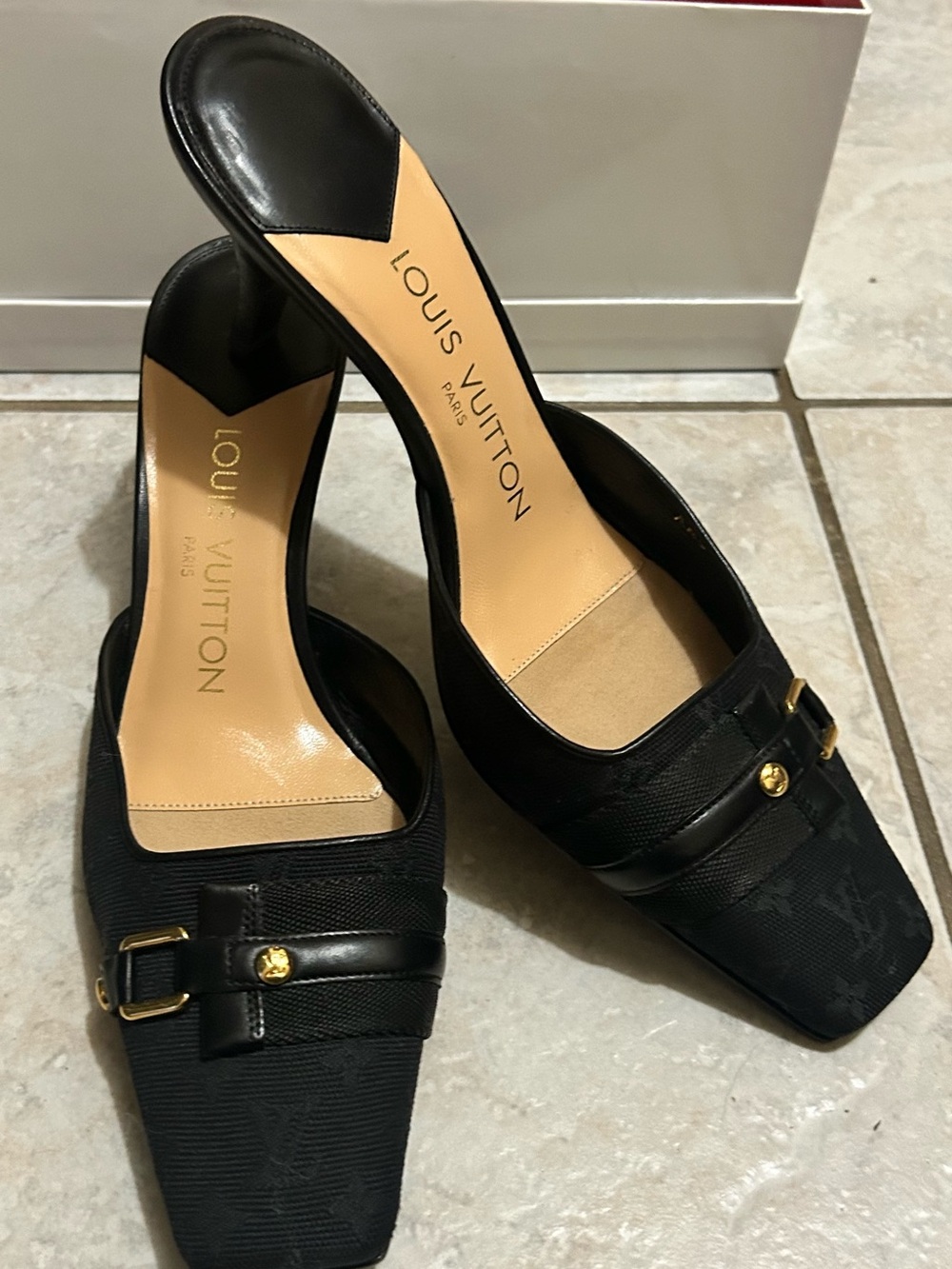 Louis Vuitton vintage Black Monogram Slip-On heels. 2 inch heel. EU Size 36 1/2